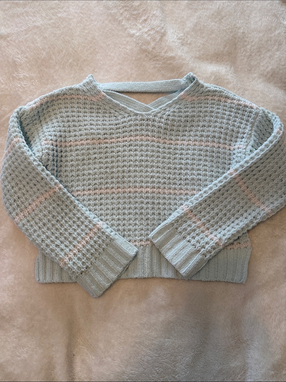 Women's Light Blue V-Neck Waffle Knit Sweater with Pale Pink Stripes